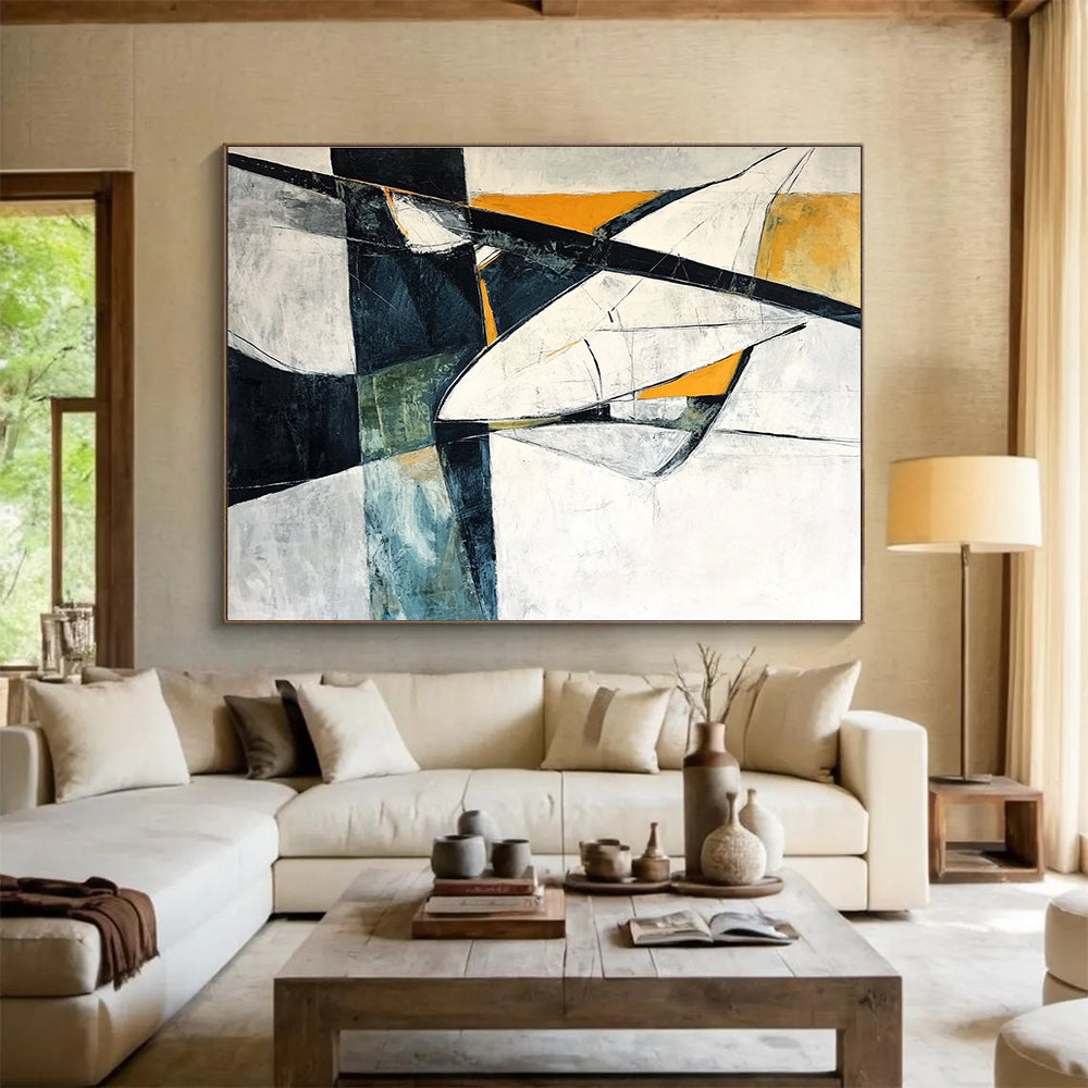 Gaint Canvas Art Black, White, Orange, and Teal Geometric Abstract Painting HPS312