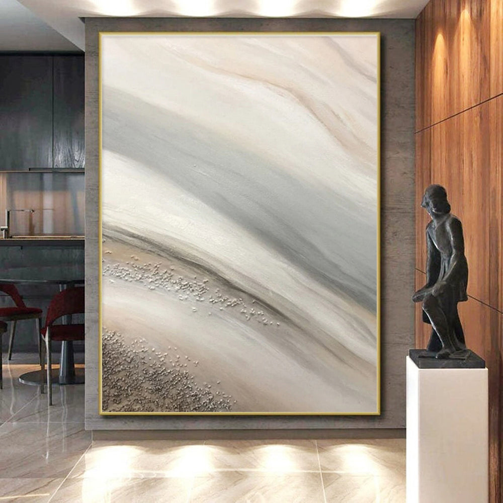 Handmade Art Beige, Gray and Silver Textured Abstract Flow, Large Contemporary Wall Art PT544