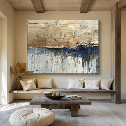 Hand-Painted Beige, Navy & Gray Textured Abstract Painting HPS281