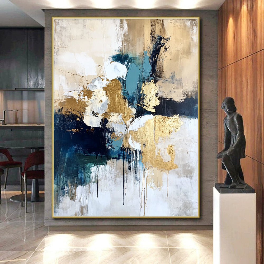 Abstract Canvas Wall Art Large, Gold Blue White Black Abstract Textured Art PT165