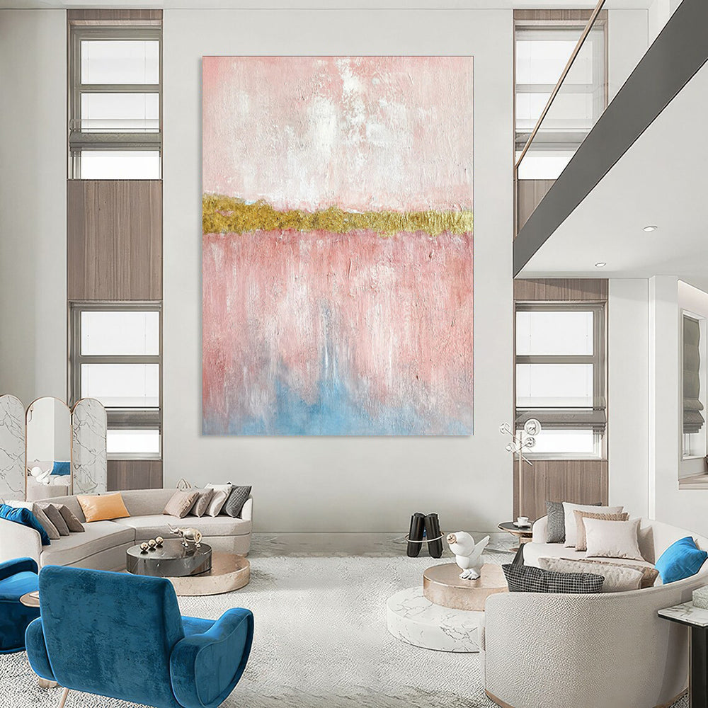 Large Size Pink, Gold & Blue Abstract Color Block, Large Contemporary Wall Art DPS507