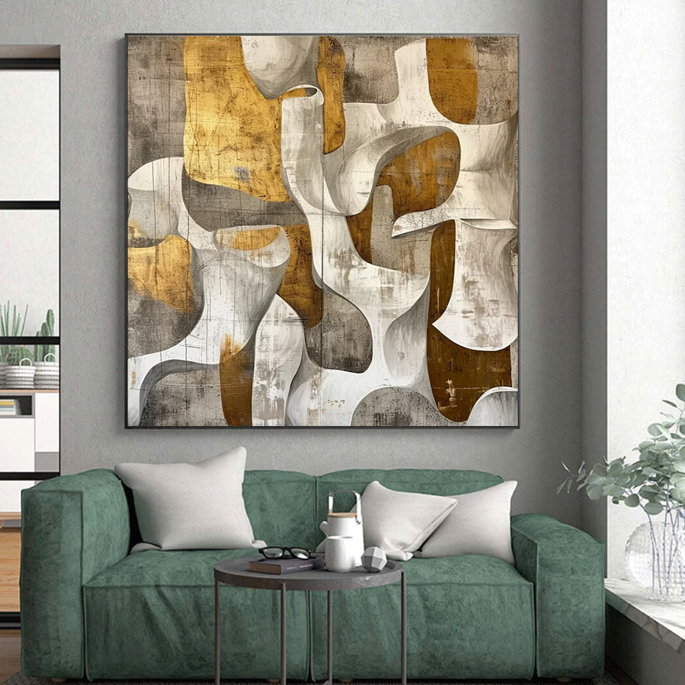Hand Painted Art with Gold, Gray, and White Organic Abstract Shapes, Large Contemporary Wall Art PT204