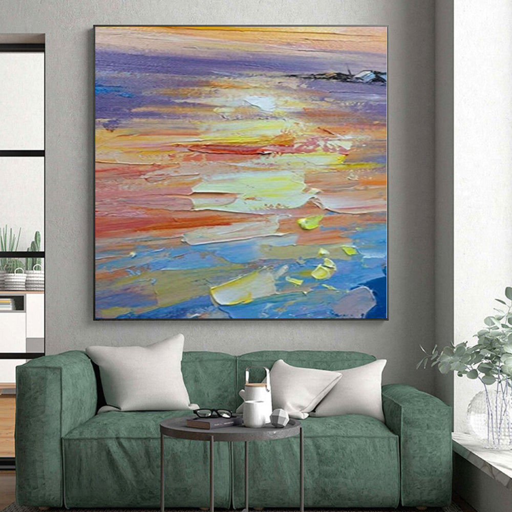 Large Painting In Living Room with Vibrant Sunset Hues (Orange, Yellow, Blue) PT017