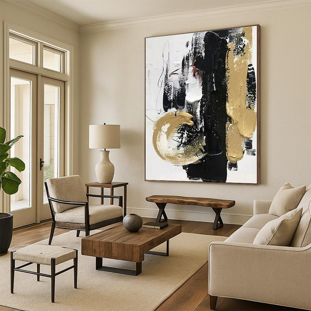 Cool Abstract Paintings Black Gold White Textured Abstract Art PT377