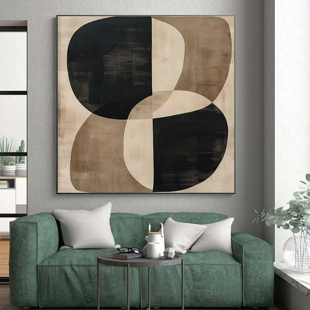 Unique Abstract Art - Black, Beige & Brown Geometric Circles Abstract Art with Soft Edges PT599