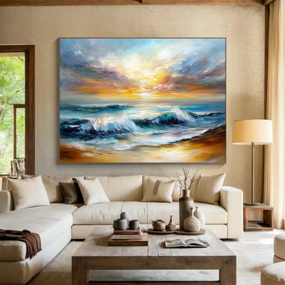 Huge Size Multicolor (Blue, Orange, Yellow) Coastal Sunset Abstract Acrylic Painting HPS243