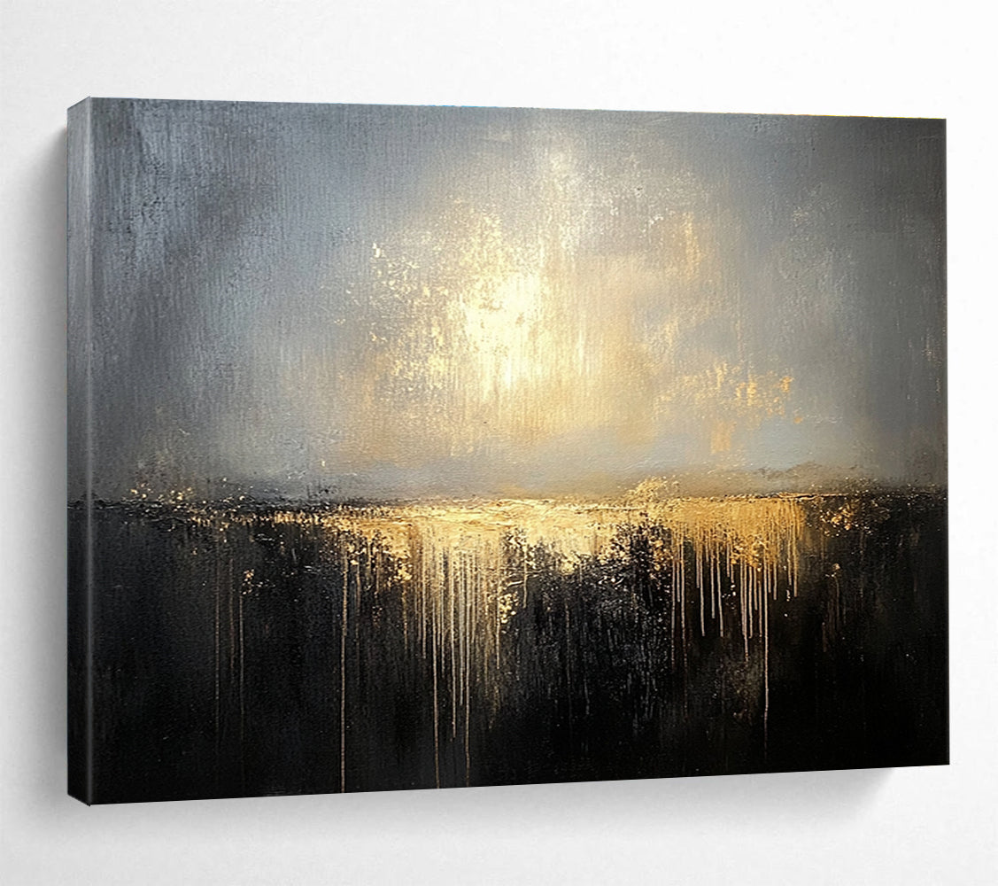 Modern Art Acrylic Gray, Gold & Black Textured Landscape Abstract Painting HPS269