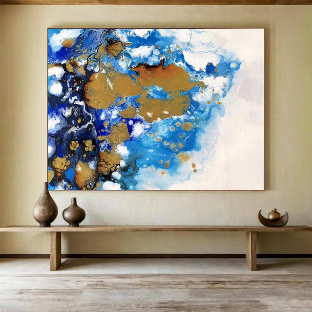 Acrylic Modern Art Paintings Blue, Gold & White Fluid Abstract On Canvas HPS058