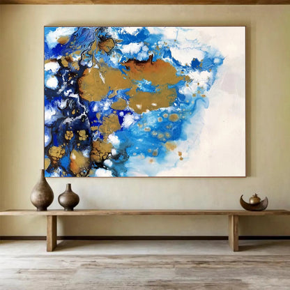 Acrylic Modern Art Paintings Blue, Gold & White Fluid Abstract On Canvas HPS058