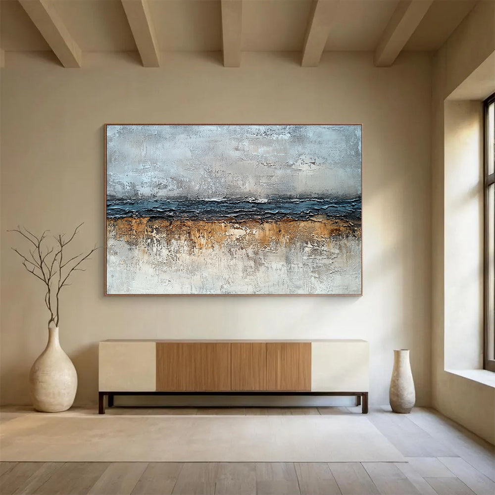 Large Size Gray, Blue, and Brown Textured Abstract Landscape Art HPS304