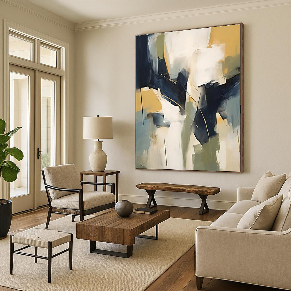 Big Painting in Navy, White, Yellow, and Grey Abstract Shapes PT230