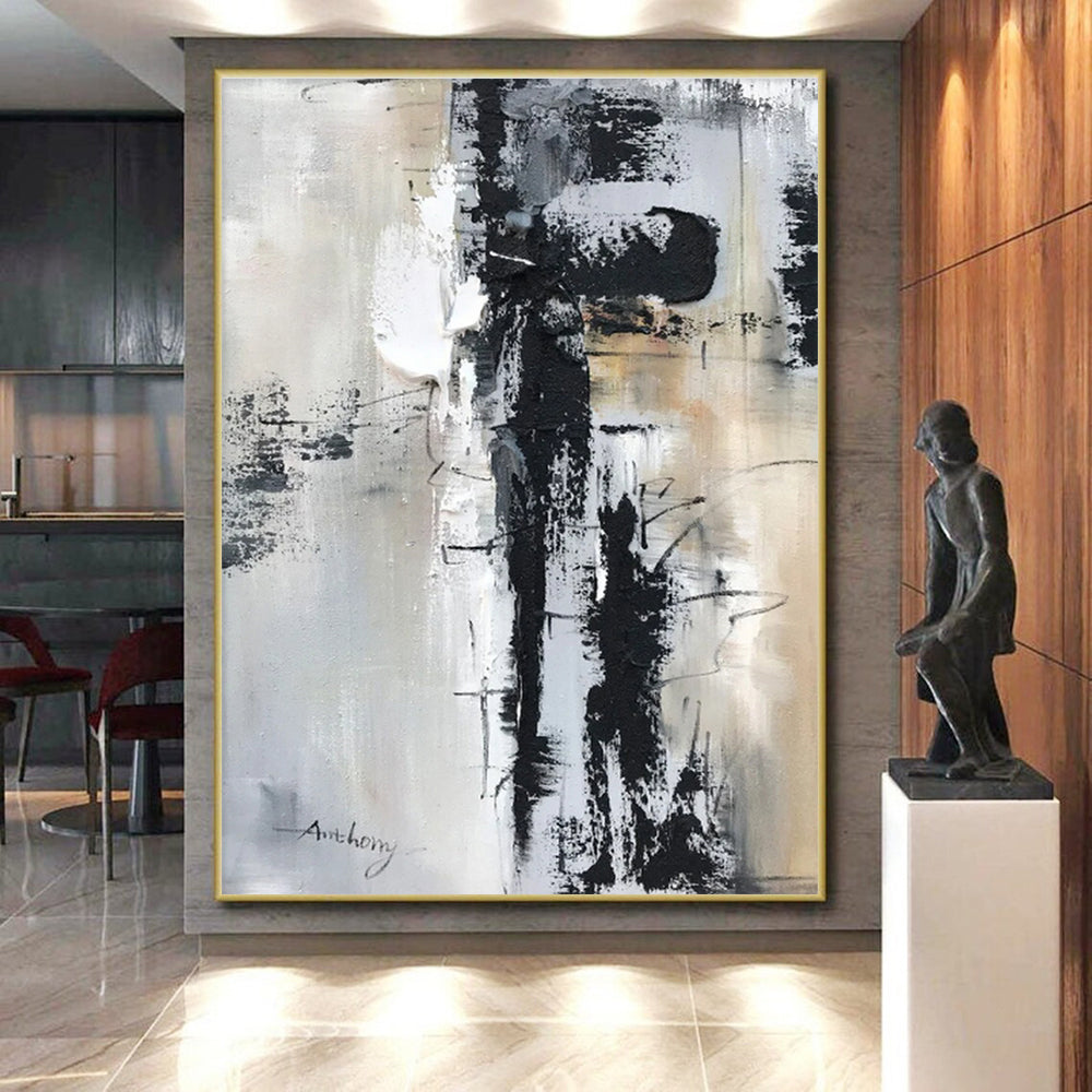 Large Contemporary Wall Art Black White Gray Abstract Textured Acrylic Art PT469