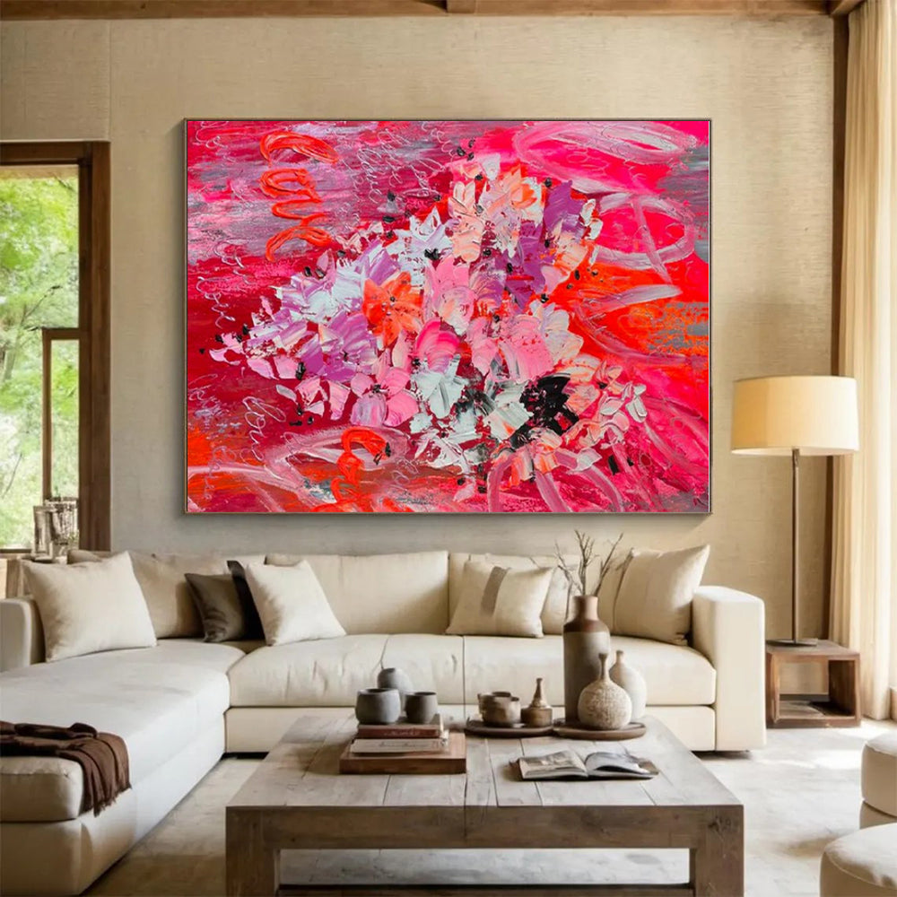 Large Size Red, Pink, and Gray Floral Abstract Art PT719