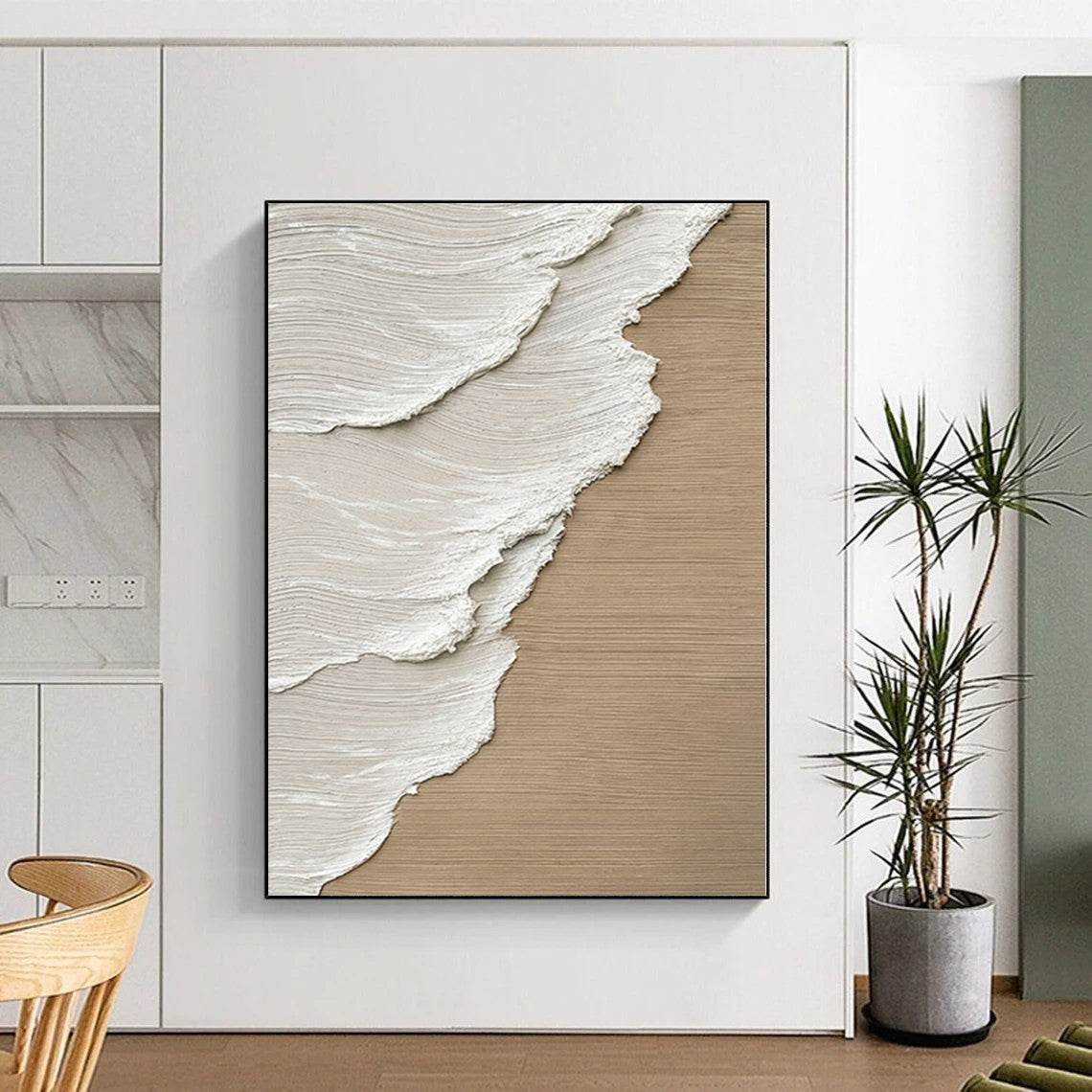 Large Contemporary Wall Art Beige and White Textured Abstract Wave Painting DPS424