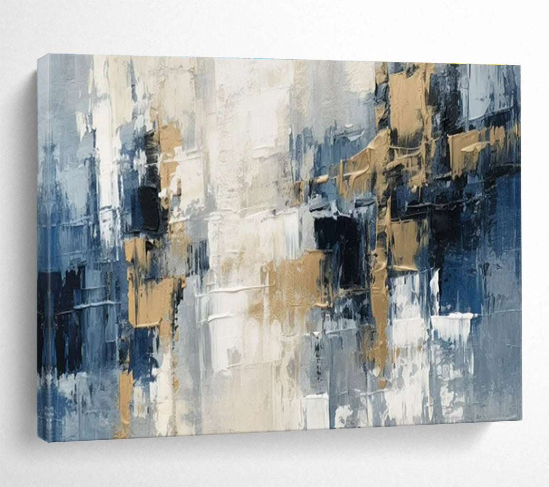 Large Painting In Living Room Blue, Gray, and Gold Textured Abstract Geometric Art HPS395