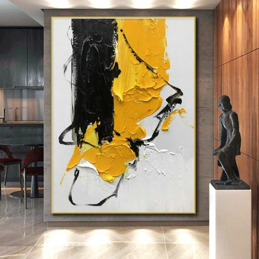 Hand Painted Art Black and Yellow Textured Abstract Composition, Acrylic Modern Art Painting PT521