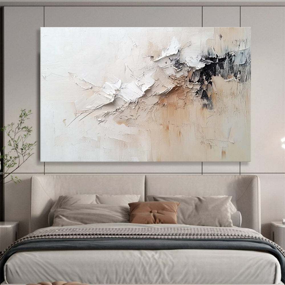 Large Painting In Living Room White, Beige, and Black Textured Abstract Art HPS305