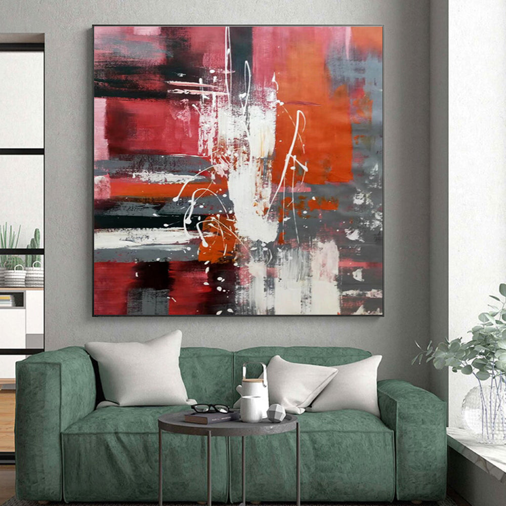 Large Painting In Living Room Red Orange Gray Textured Abstract Art PT400