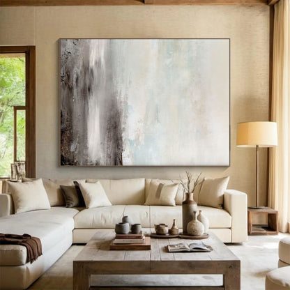 Big Painting in Beige, Grey, and Brown Abstract Misty Landscape Art PT238