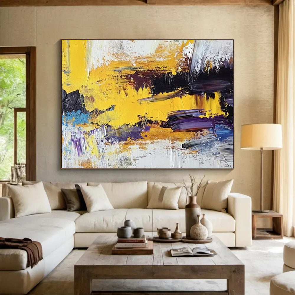 Acrylic Modern Art Paintings Yellow, Black, Purple & White Dynamic Abstract Art HPS236