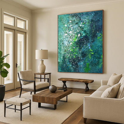 Large Contemporary Wall Art - Teal & Green Splattered Abstract Art PT568