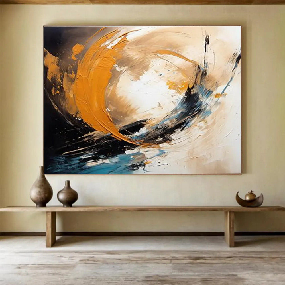 Big Painting Orange, Black & Teal Abstract Energetic Swirl Art HPS211