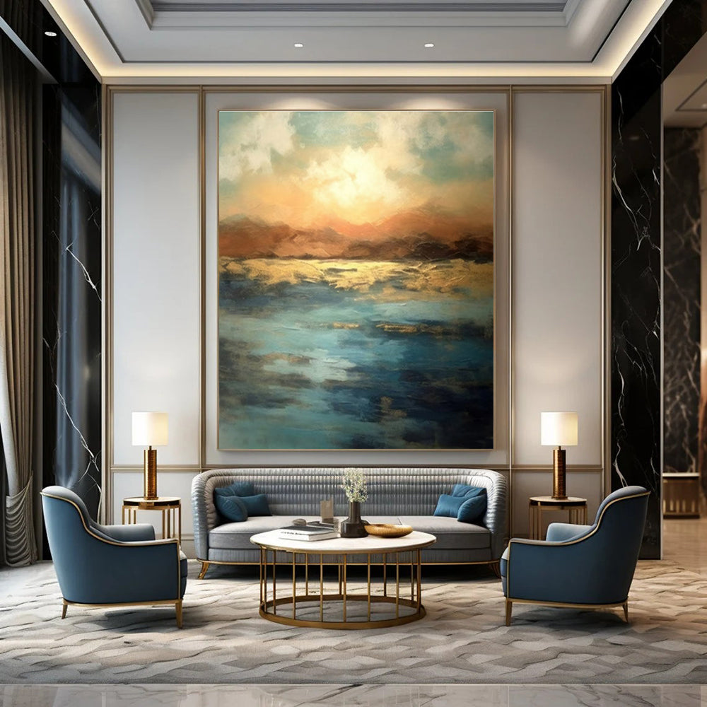 Large Painting In Living Room Colorful Abstract Sunset Over Water, Modern Art Acrylic DPS491