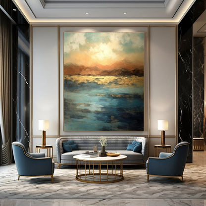 Large Painting In Living Room Colorful Abstract Sunset Over Water, Modern Art Acrylic DPS491
