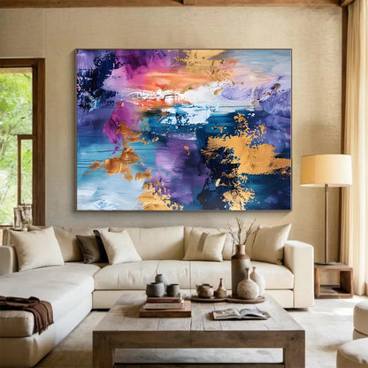 Oversized Abstract Wall Art in Purple, Blue, Pink, Orange, and Gold Textural Abstract Compositions PT255