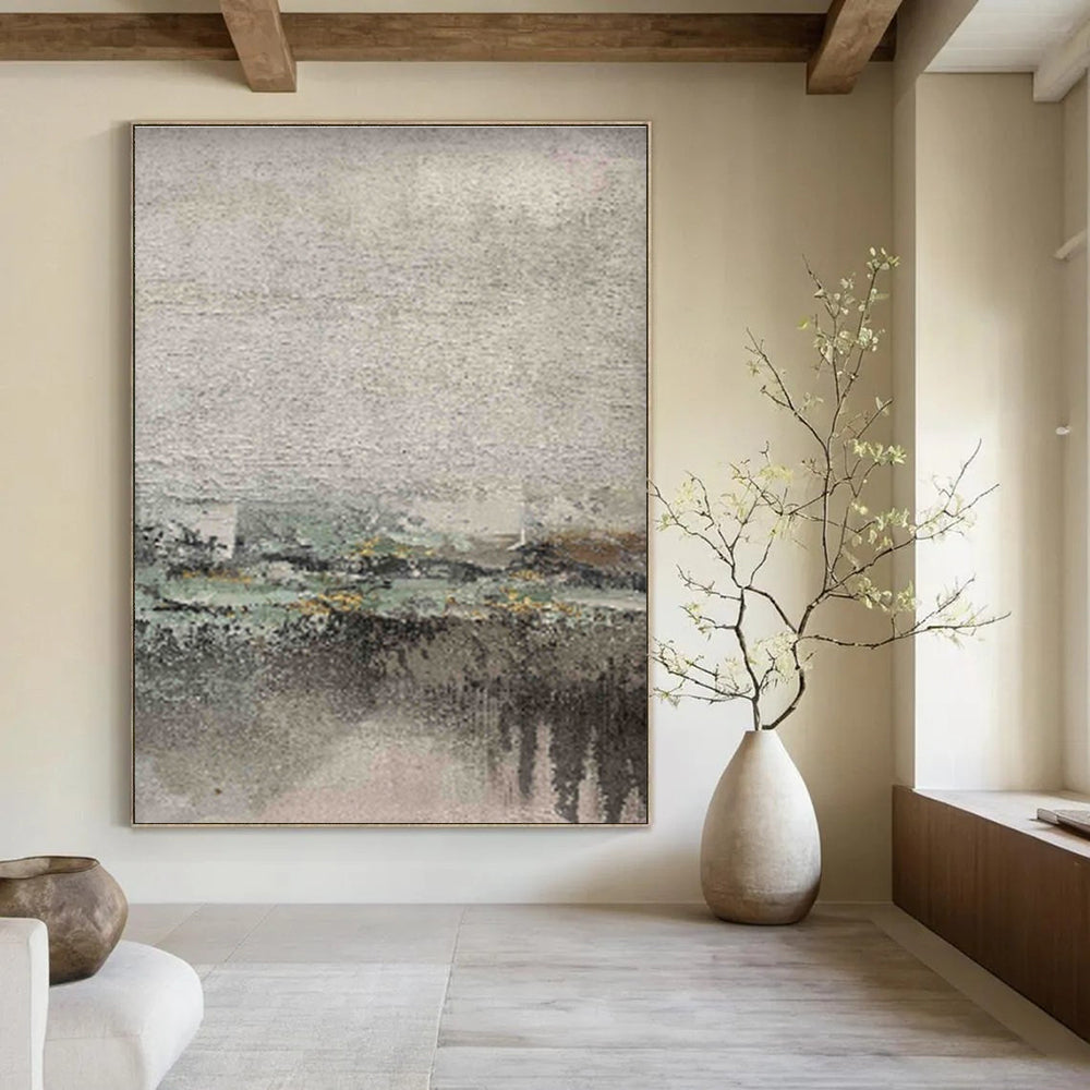 Oversized Abstract Wall Art Gray, Beige, and Green Textured Abstract Landscape Art DPS472