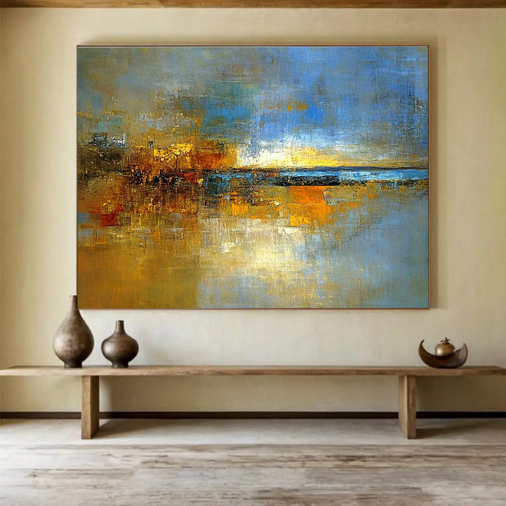 Hand-Painted Blue, Gold & Brown Textured Landscape Abstract Painting HPS271