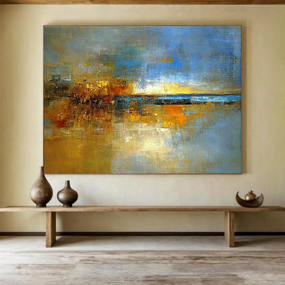 Hand-Painted Blue, Gold & Brown Textured Landscape Abstract Painting HPS271