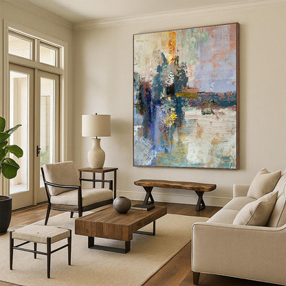 Acrylic Modern Art Paintings Blue, Gold, and Pink Textured Abstract Art PT772