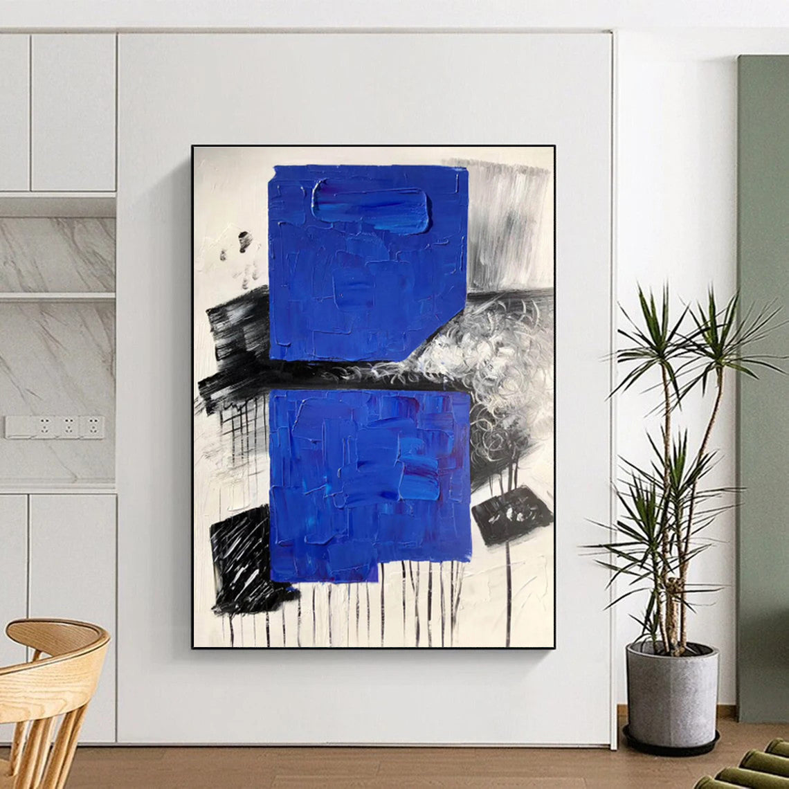 Hand Painted Art Blue Black White Textured Abstract Art PT411