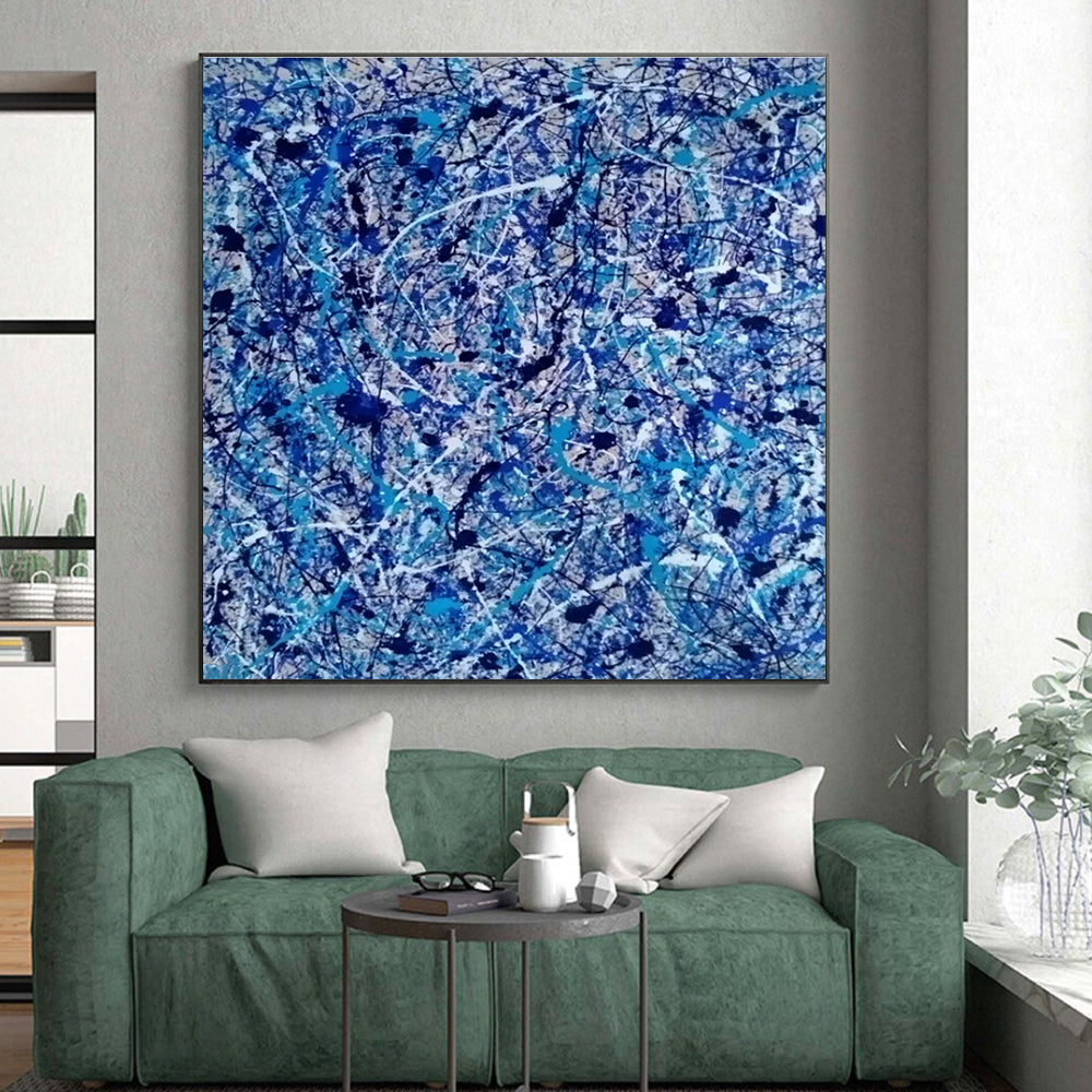 Unique Abstract Art - Blue, Black, White & Beige Chaotic Lines Abstract Expressionism Art PT605