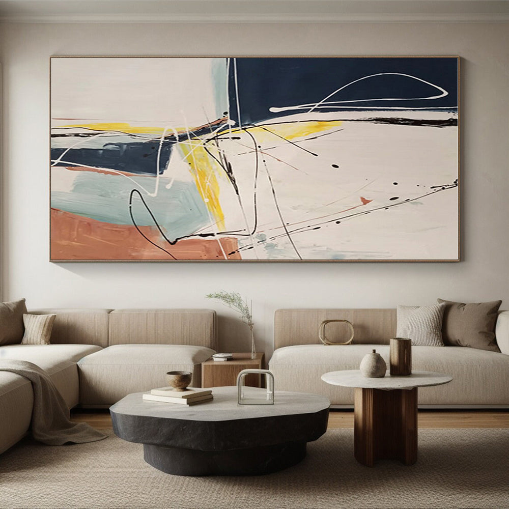 Hand-Painted Navy, Yellow, Beige, and Coral Abstract Painting with Dynamic Lines, Acrylic Modern Art PT211
