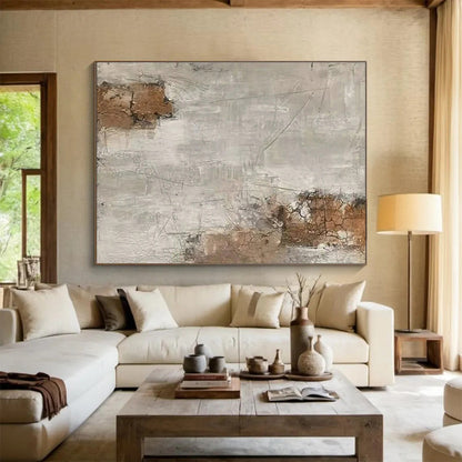 Large Painting In Living Room Beige, Gray, and Brown Textured Abstract Landscape Art HPS375
