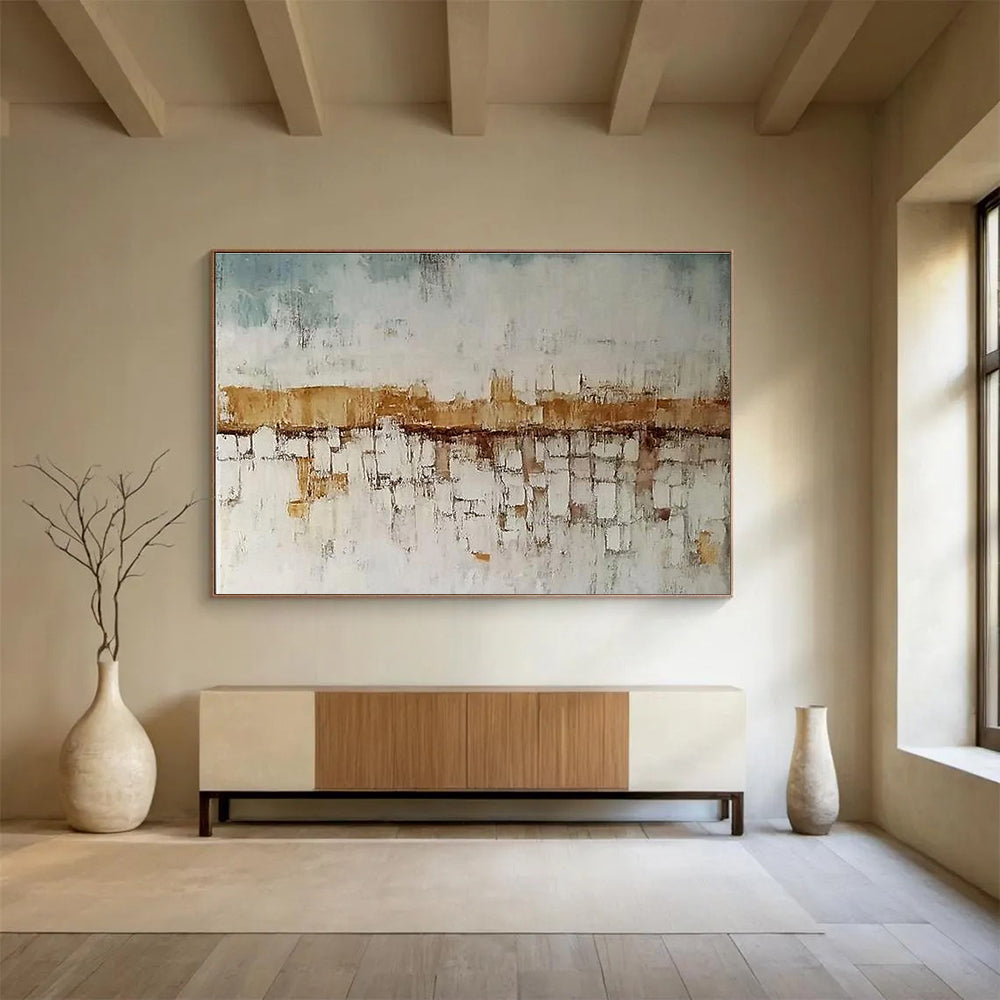 Hand-Painted Beige, Blue & White Textured Cityscape Abstract Painting HPS241