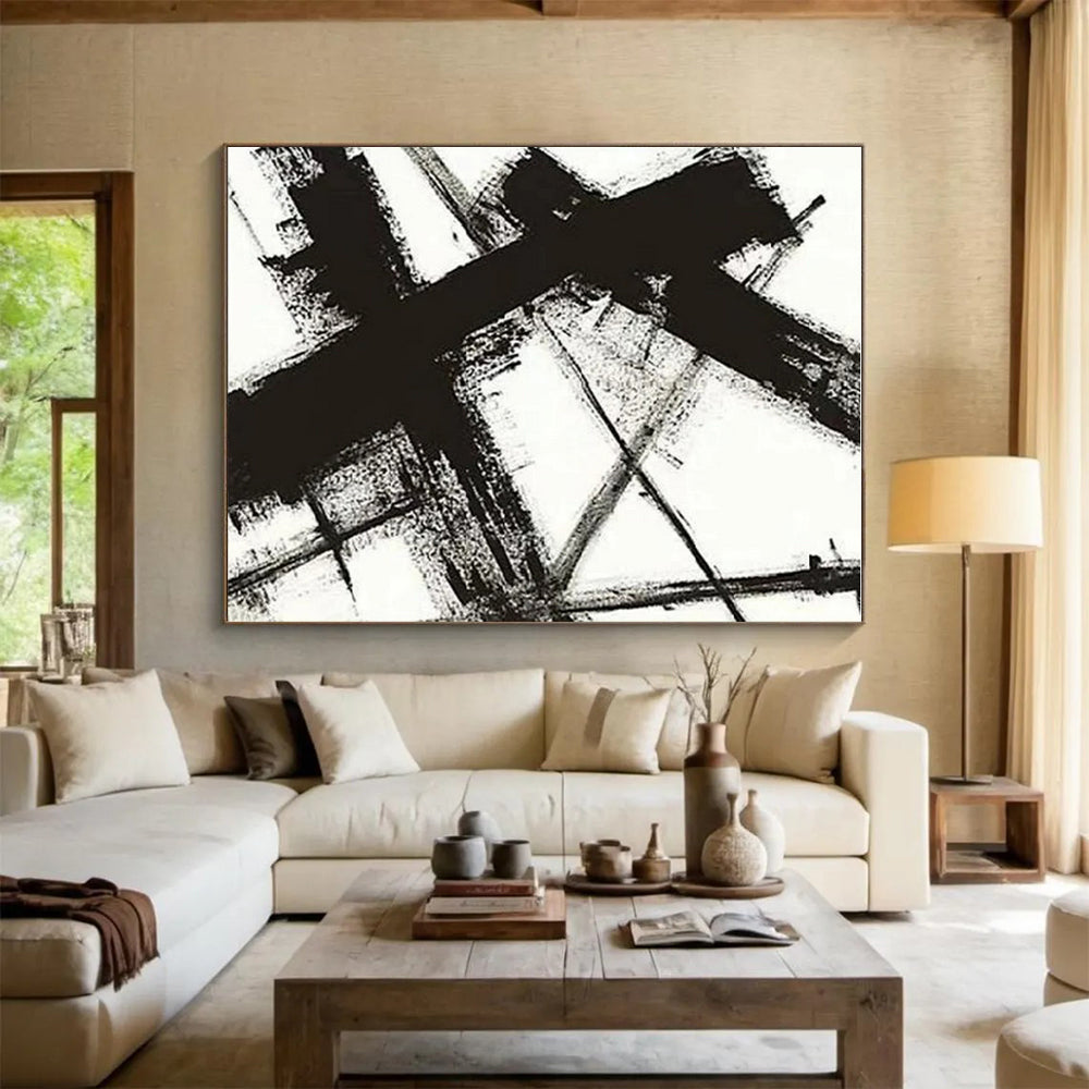 Cool Abstract Paintings - Black & White Dynamic Lines Abstract Art PT567
