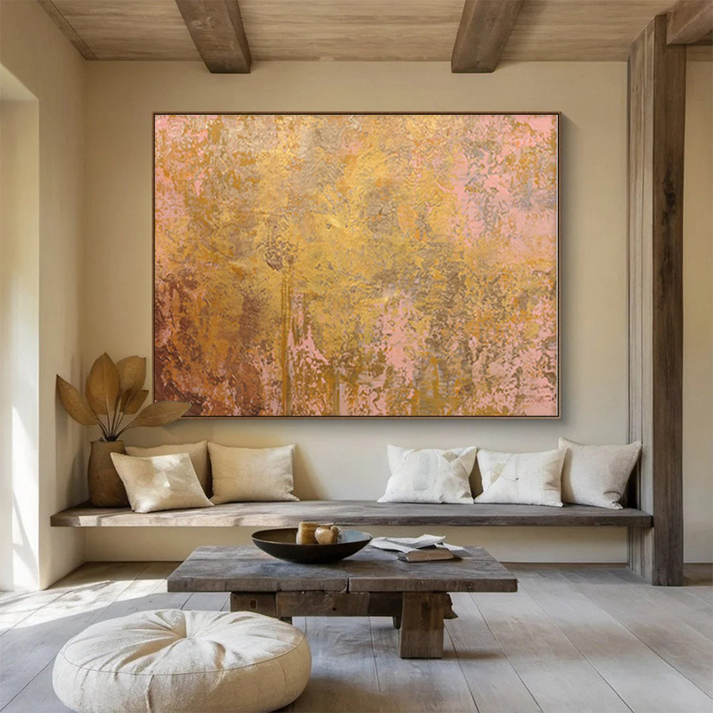 Oversized Abstract Wall Art Gold & Pink Textured Abstract On Canvas HPS019