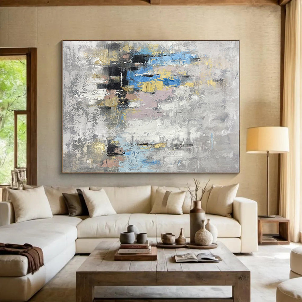 Hand Painted Art in Grey, Blue, Yellow, Pink, and Gold Abstract Textural Layers PT244