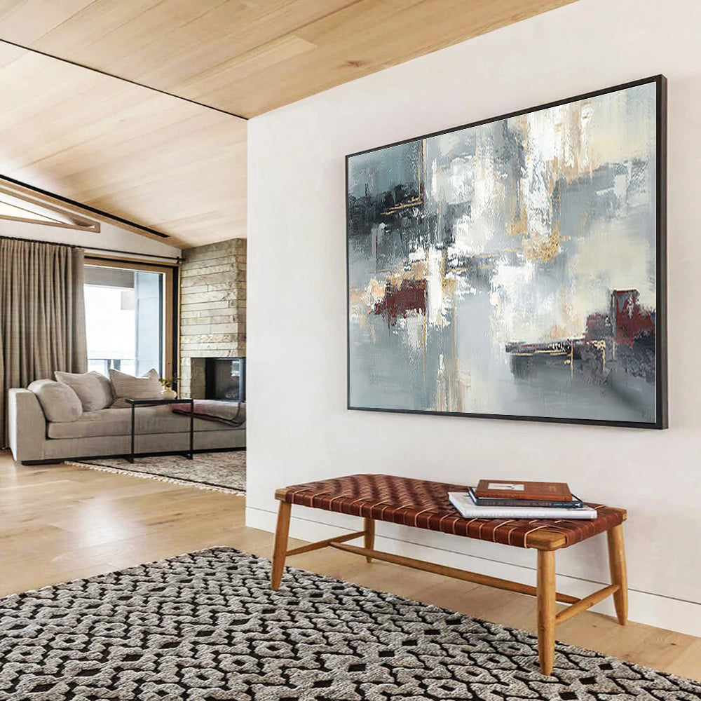 Modern Art Acrylic Gray, Red & Gold Urban Abstract Painting On Canvas HPS090