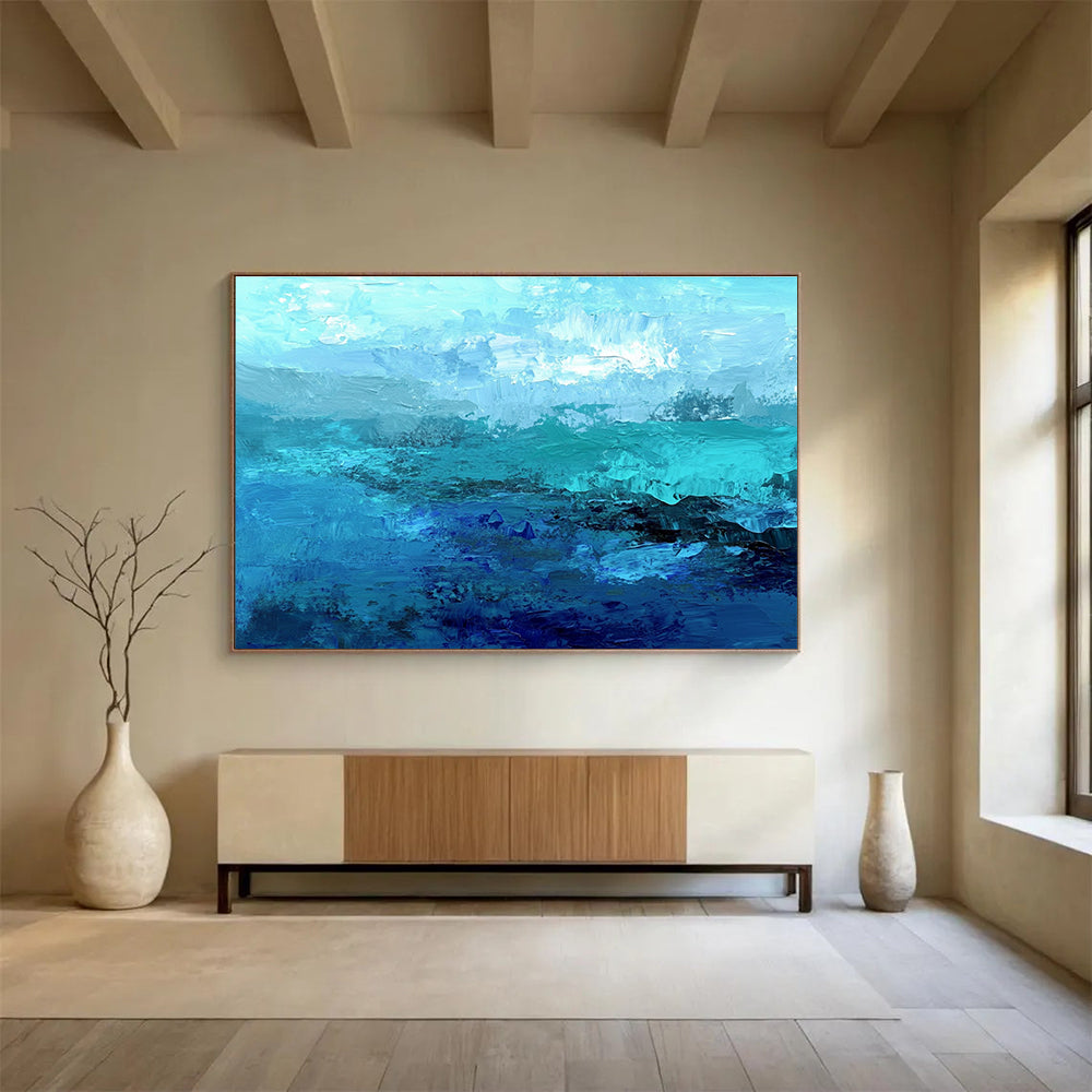 Cool Abstract Paintings Teal, Blue & White Textured Coastal Abstract Painting HPS287