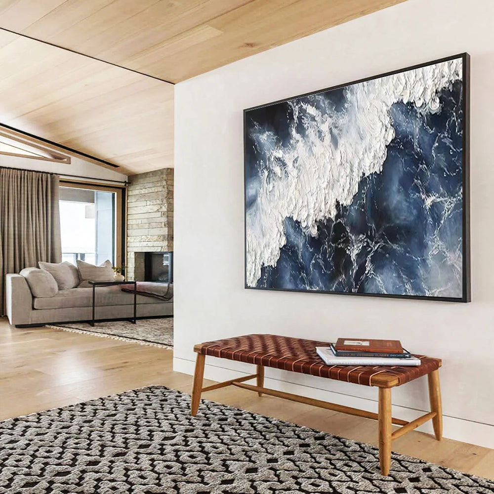 Unique Abstract Art Blue & White Dynamic Wave Acrylic Painting HPS225