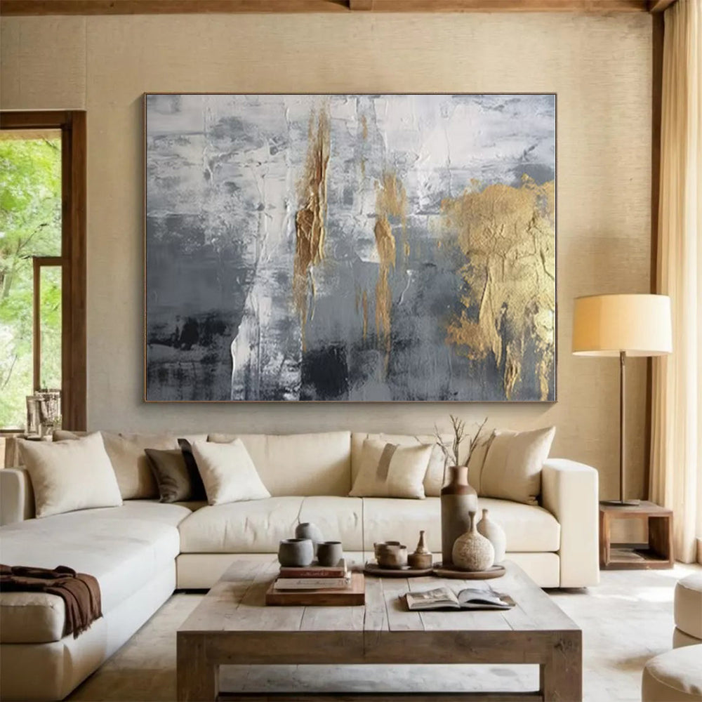 Hand-Painted Gold, Gray, and White Textured Abstract Art PT735