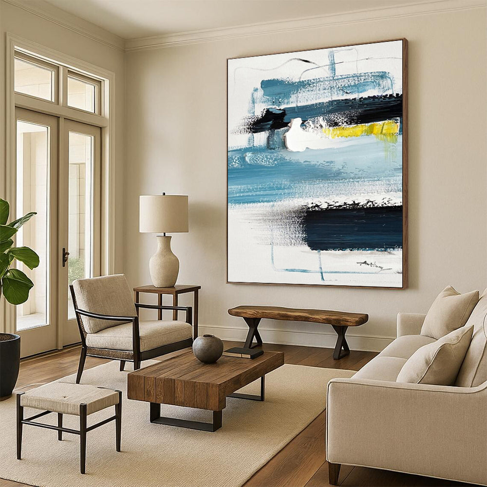 Cool Abstract Paintings - Blue, Black, White & Yellow Textured Abstract Art PT586