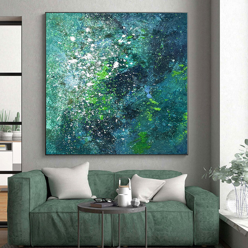 Acrylic Modern Art Paintings in Teal, Green, and White with Splattered Details PT015
