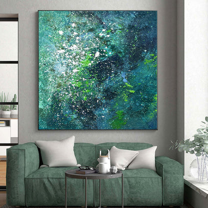 Acrylic Modern Art Paintings in Teal, Green, and White with Splattered Details PT015