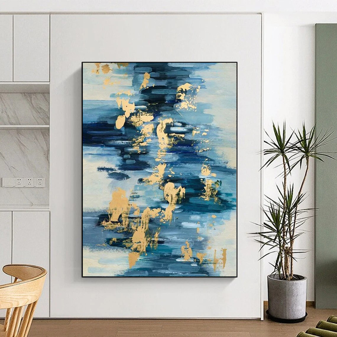 Hand-Painted Blue and Gold Abstract Painting with Brush Strokes, Acrylic Modern Art PT001