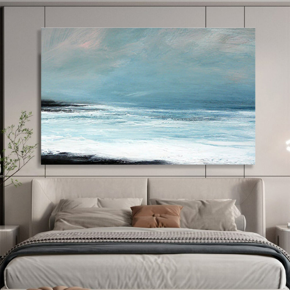 Hand Painting Light Blue & White Abstract Coastal Wave Art HPS187